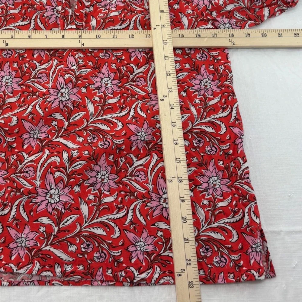 LOFT Womens XS Red Floral Split Neck Puff Sleeve Cotton Rayon Blouse Top